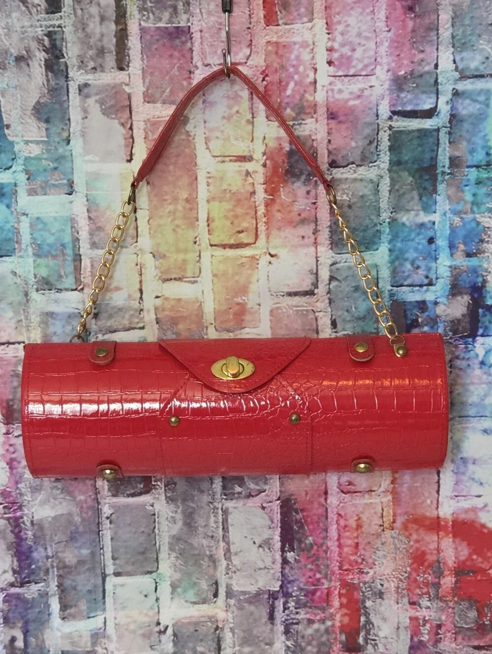 Bottle Carrier Cylinder Bag Croc-Texture W/ Gold Hardware
